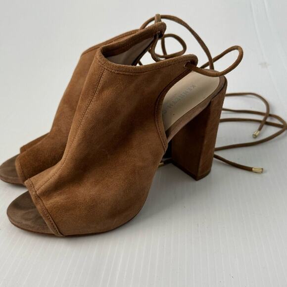 Kenneth Cole New York Delila lace up block heeled peep toe suede tan size 7.5 - Picture 4 of 13